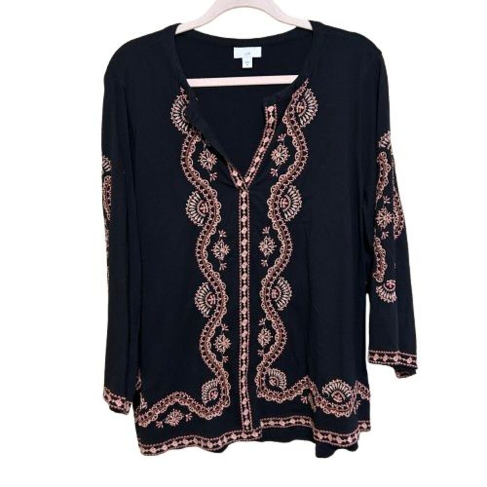 J. Jill Embroidered Floral V Neck Tunic Top Womens Size 2X Black Boho